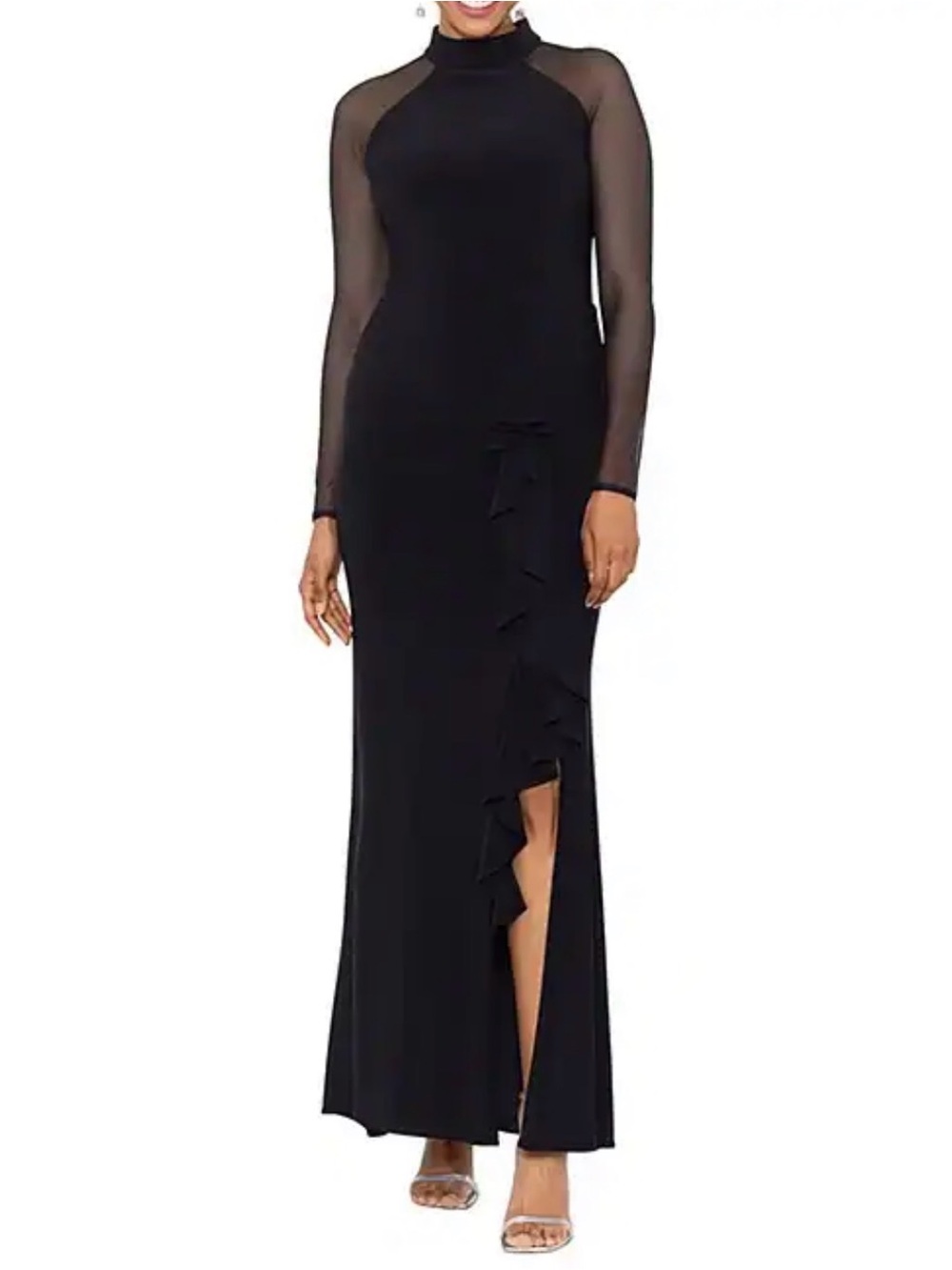 Betsy & Adam Mock Neck Illusion Long Sleeve Ruffled Scuba Crepe Mesh Gown